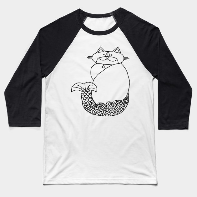 Kevin MerCat the Cat Mermaid Black Line Drawing Baseball T-Shirt by ellenhenryart